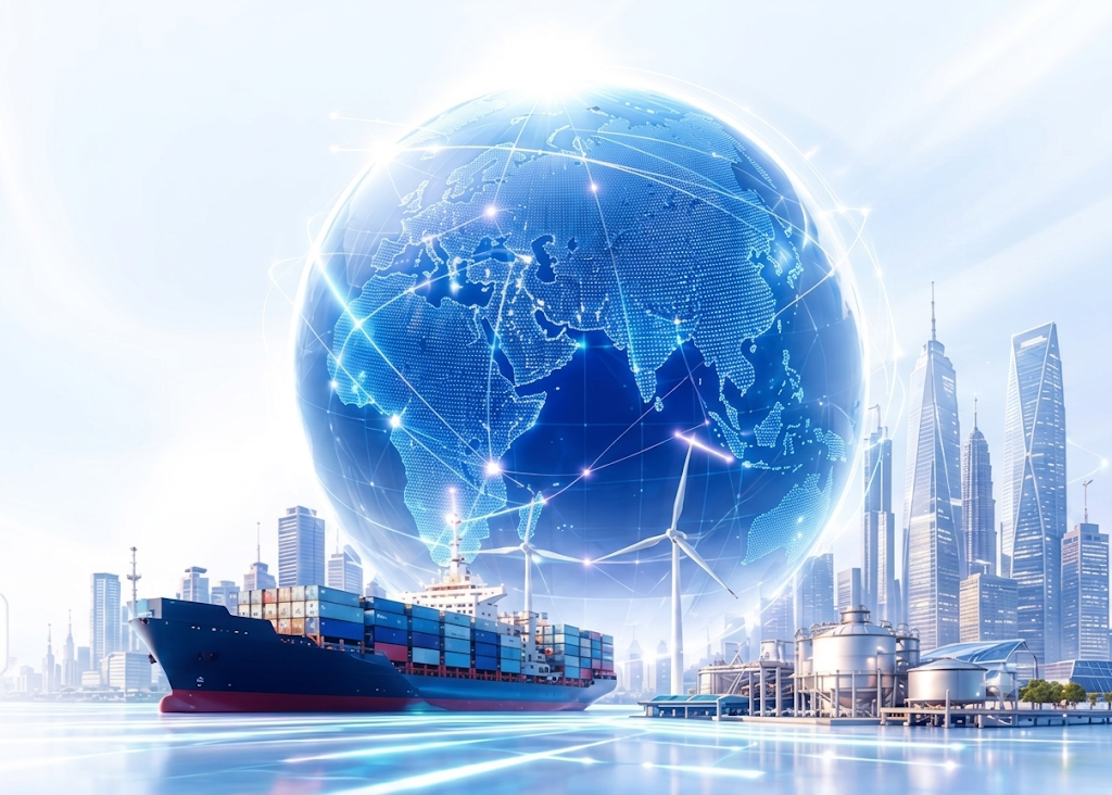 Global trade — a digital globe over a port city with a cargo ship